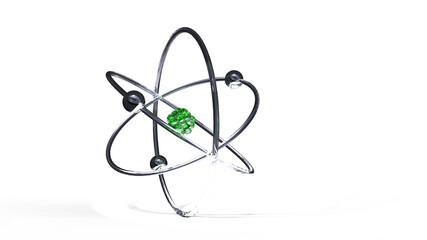 atom model with nice translucent floor shadow glass spheres and green berry like nucleus center 3d Rendering