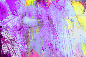 Strokes of colorful acrylic paints on canvas, closeup