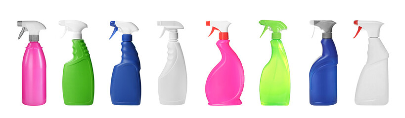 Set with bottles of different cleaning products on white background, banner design. Household...