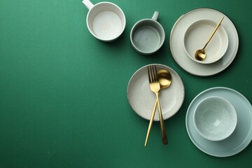 Stylish empty dishware and golden cutlery on green background, flat lay. Space for text