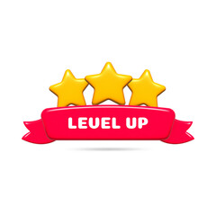 Level up reward vector badge illustration. Golden stars with red ribbon isolated on white background. Mobile game UI cartoon design element.