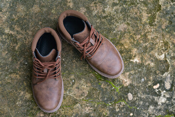 Brown shoes leather on  floor.