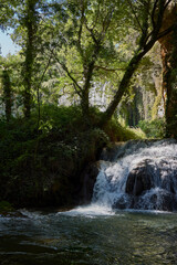 Zaragoza (Spain, September 11, 2022). Waterfall in the Parque del Monasterio de Piedra. It is a place of great scenic beauty, with many waterfalls