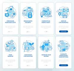 Financial plan for inflation blue onboarding mobile app screen set. Walkthrough 4 steps editable graphic instructions with linear concepts. UI, UX, GUI template. Myriad Pro-Bold, Regular fonts used