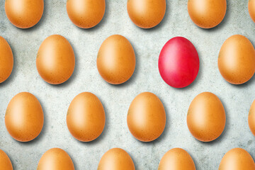 Concept of leadership, creative difference, creativity. Red egg among brown ones. Lifestyle....