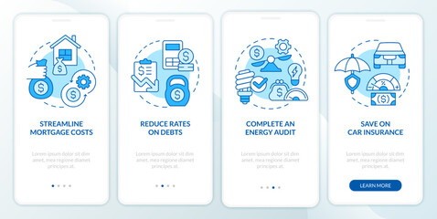 Budgeting for inflation blue onboarding mobile app screen. Walkthrough 4 steps editable graphic instructions with linear concepts. UI, UX, GUI template. Myriad Pro-Bold, Regular fonts used