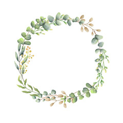 Watercolor Eucaliptus wreath drawing. Hand drawn frame with eucalyptus leaves isolated on white background.