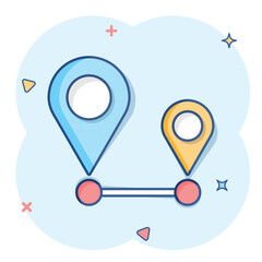 Distance pin icon in comic style. Gps navigation vector cartoon illustration on white isolated background. Communication travel business concept splash effect.