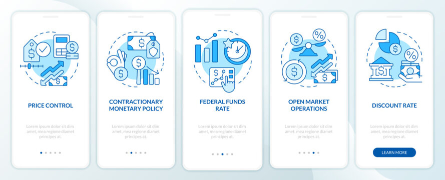 Government deals with inflation blue onboarding mobile app screen. Walkthrough 5 steps editable graphic instructions with linear concepts. UI, UX, GUI template. Myriad Pro-Bold, Regular fonts used