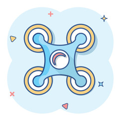 Drone quadrocopter icon in comic style. Quadcopter camera vector cartoon illustration on white isolated background. Helicopter flight business concept splash effect.