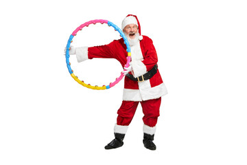 Portrait of senior man in image of Santa Claus with gymnastic hoop isolated over white background