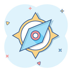 Global navigation icon in comic style. Compass gps vector cartoon illustration on white isolated background. Location discovery business concept splash effect.