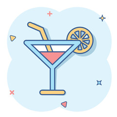 Alcohol cocktail icon in comic style. Drink glass vector cartoon illustration on white isolated background. Martini liquid business concept splash effect.