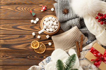 Top view photo of knitted pullover headwear scarf mittens craft paper giftbox cup of hot drinking with marshmallow fir branch dried orange slices viburnum cinnamon and anise on wooden desk background