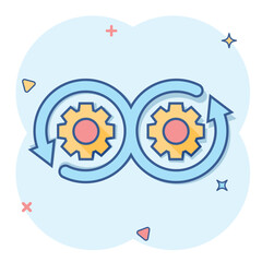 Development icon in comic style. Devops vector cartoon illustration on white isolated background. Cog with arrow business concept splash effect.
