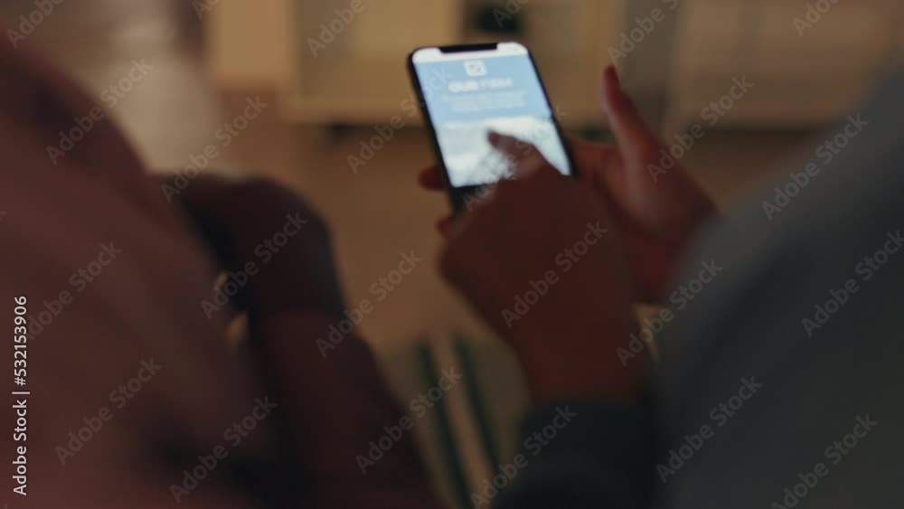 Aufkleber hand, phone and contact us with a mobile in the hands of a woman online looking at a website or home