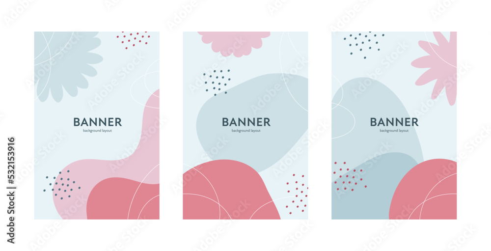 Wall mural Abstract banner template set. Vector colorful trendy vertical design illustration. White and pink frame with geometric shape collection with nature background for sale promotion offer, invitation card