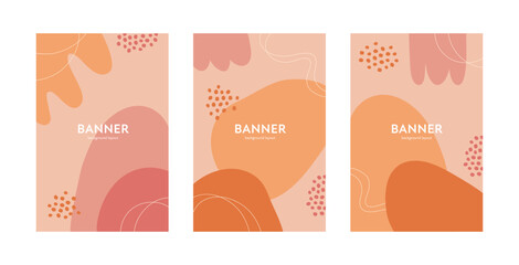Obraz premium Abstract banner template set. Vector colorful trendy vertical design illustration. Collection of orange and pink frame with geometric shape on nature background for offer, invitation