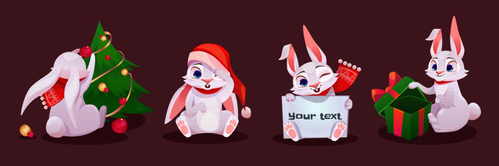Cute Christmas rabbit, cartoon new year bunny characters set. Funny xmas animal personage in Santa hat and scarf holding gift box, banner and fir-tree, winter holidays celebration, Vector illustration