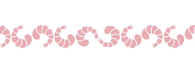 Fototapeta na wymiar Shrimp. Seamless horizontal border. Repeating vector pattern. Pink seafood. Shrimp tail. Isolated colorless background. Endless ornament. Flat style.