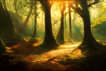 Sunlight in an autumn forest. 