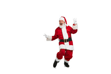 Portrait of senior man in image of Santa Claus cheerfully posing isolated over white background