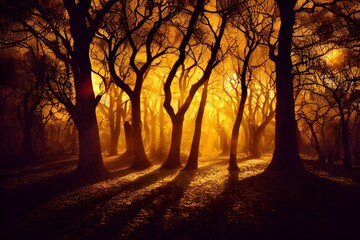 Fototapeta premium Sunlight in an autumn forest. 