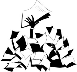 Businessman working with papers. Concept illustration.
Hand with papers arises from the pile of documents. Black on white

