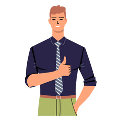 Young businessman in shirt and tie showing thumb up. A nod of approval, cool, Okay. Man isolated on white background. Office worker, manager, teacher is smiling. Flat style, vector.