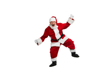 Portrait of senior man in image of Santa Claus emotivelly posing isolated over white background