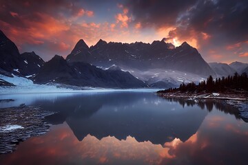 beautiful landscape of glacial mountains lakes, forests and flowers with rocks
