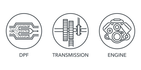 Car service icons set - DPF, transmission, engine