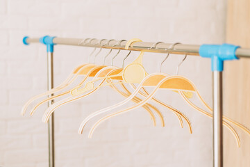 Plastic hanger among wooden hangers on an iron rack rale.