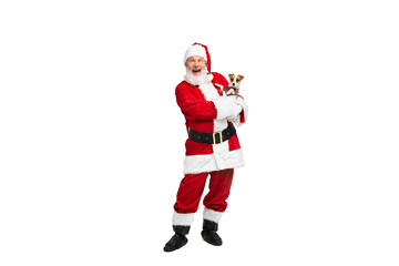 Portrait of senior man in image of Santa Clausposing with dog isolated over white background