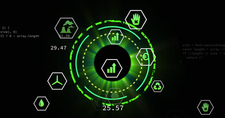 Image of scope scanning over data processing with icons on black background