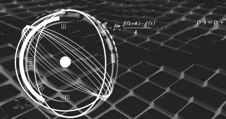 Image of scope scanning with clock over mathematical equations on black background