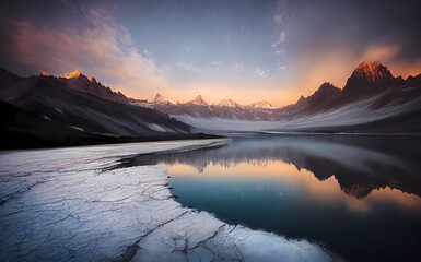 Fototapeta premium beautiful landscape of glacial mountains lakes, forests and flowers with rocks
