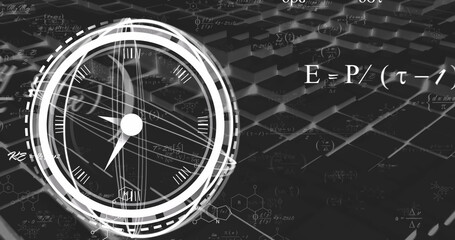 Image of scope scanning with clock over mathematical equations on black background