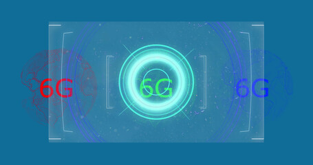 Image of scope scanning over 6g text and globe on blue background