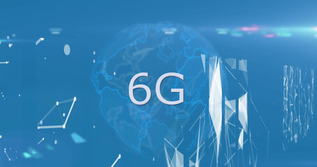 Image of globe with 6g text over network of connections on blue background