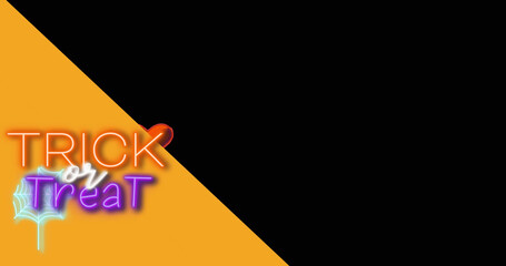 Image of halloween trick or treat text over spider web and orange with black background
