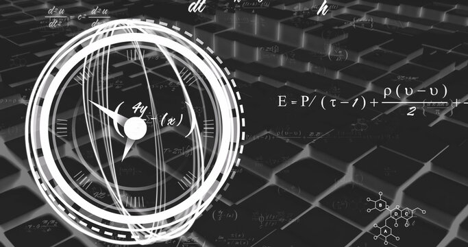 Image of scope scanning with clock over mathematical equations on black background - Powered by Adobe