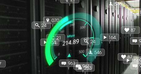 Image of data processing and server room over speedometer