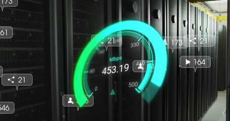 Image of data processing and server room over speedometer