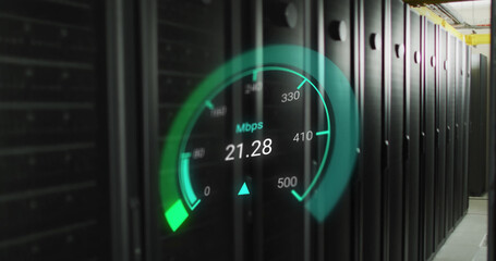 Image of data processing and server room over speedometer