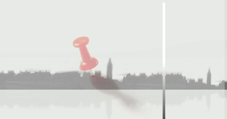 Image of frame and pin over cityscape