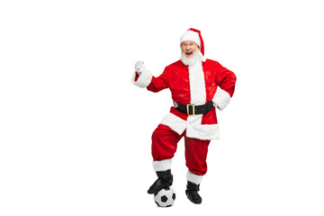 Portrait of senior man in image of Santa Claus posing with football ball isolated over white background. Sport fan