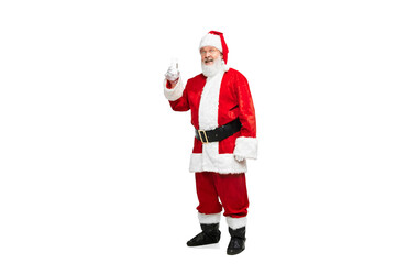 Portrait of senior man in image of Santa Claus posing with glass of water isolated over white background