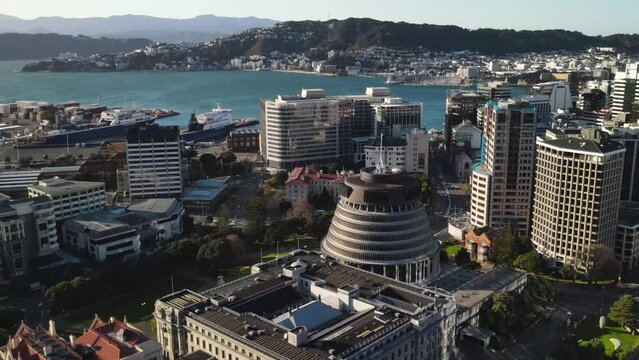 Spectacular aerial shot of Beehive, New Zealand Parliament building in the capital city of Wellington. Coastal cityscape