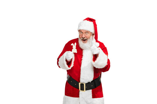 Portrait of senior man in image of Santa Claus posing with decorative rabbit isolated over white background